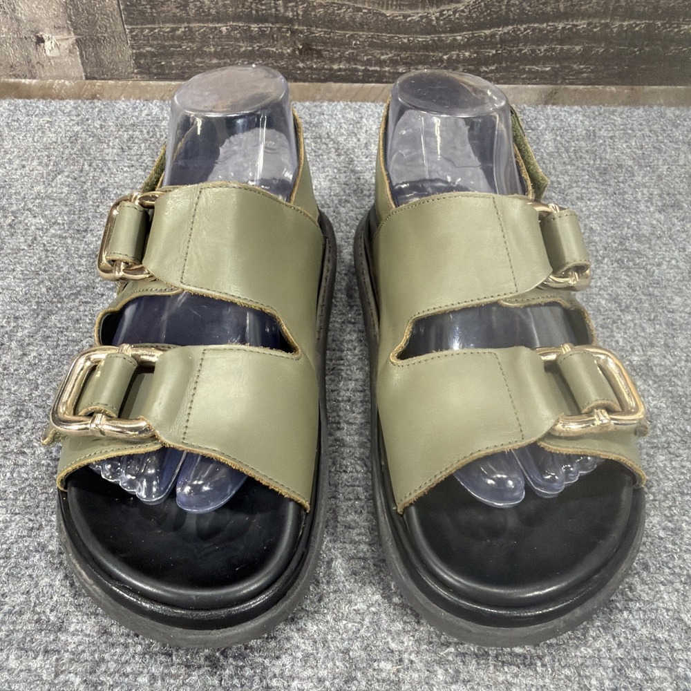 ALOHAS Harper Flat Sandals Olive Green Leather Chunky Gold Buckle EU 38 US 7 7.5 - Picture 2 of 12
